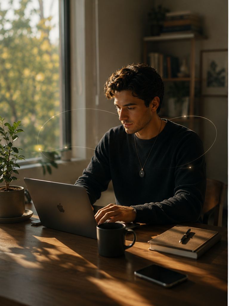 A person working at a desk in warm daylight