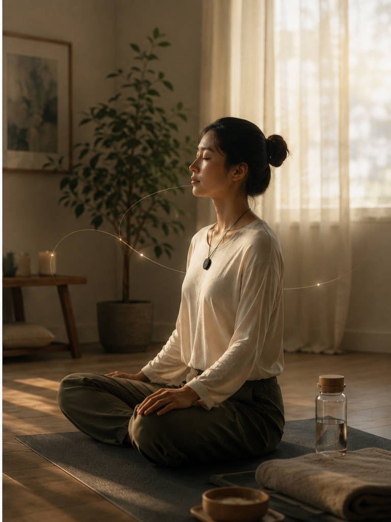 A person meditating in a softly lit room